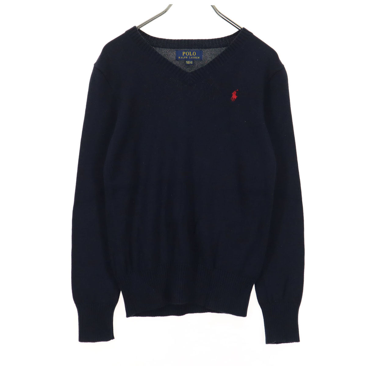 美品 POLO RALPH LAUREN ポロラルフローレン ワンポイントロゴ 長袖 Vネック コットン ニット 150 ネイビー キッズ