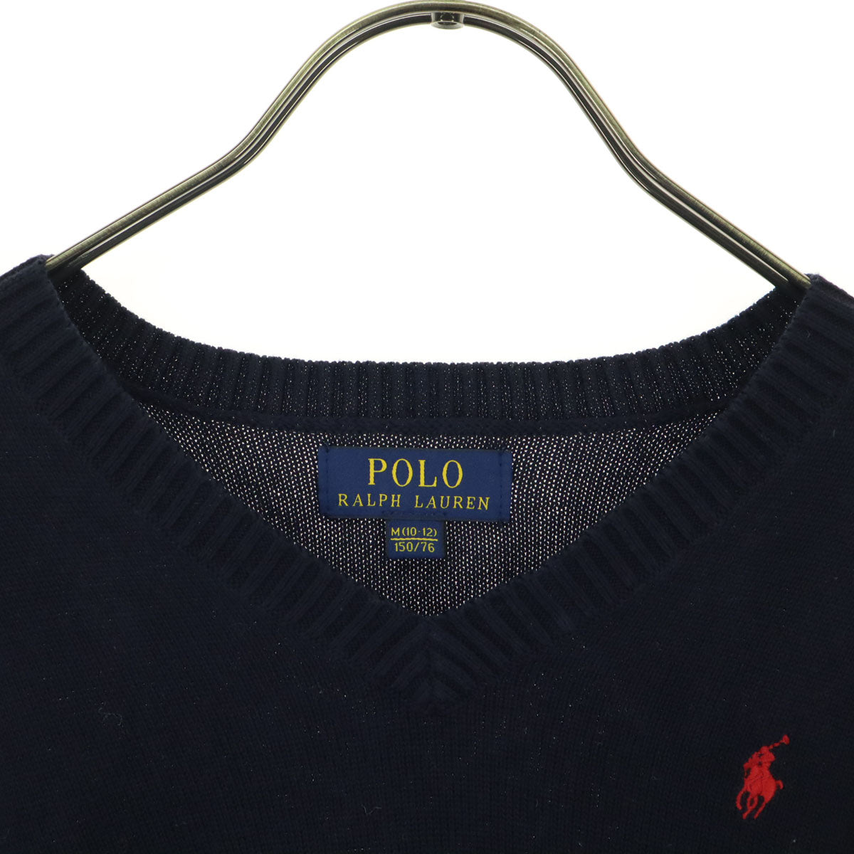 美品 POLO RALPH LAUREN ポロラルフローレン ワンポイントロゴ 長袖 Vネック コットン ニット 150 ネイビー キッズ