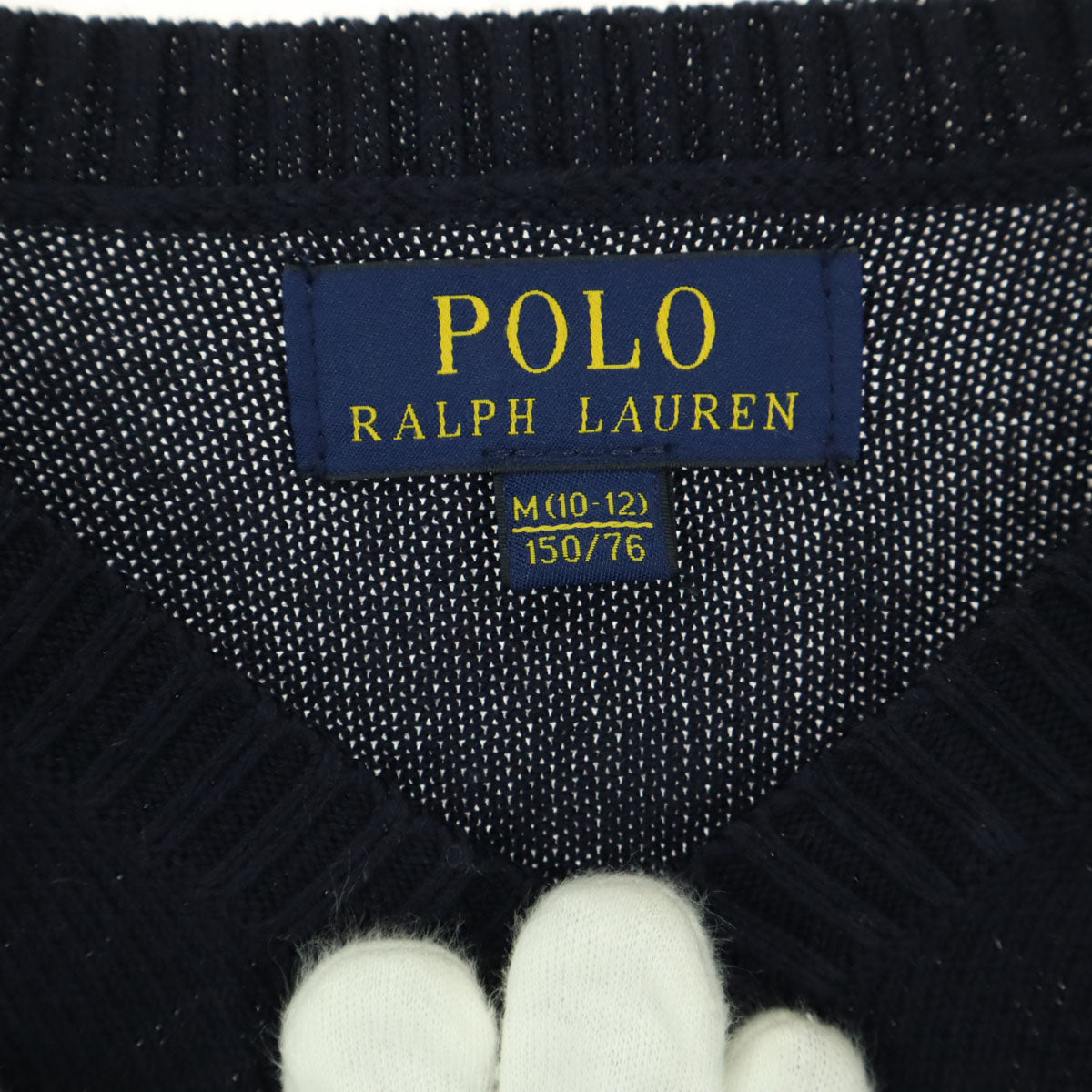 美品 POLO RALPH LAUREN ポロラルフローレン ワンポイントロゴ 長袖 Vネック コットン ニット 150 ネイビー キッズ