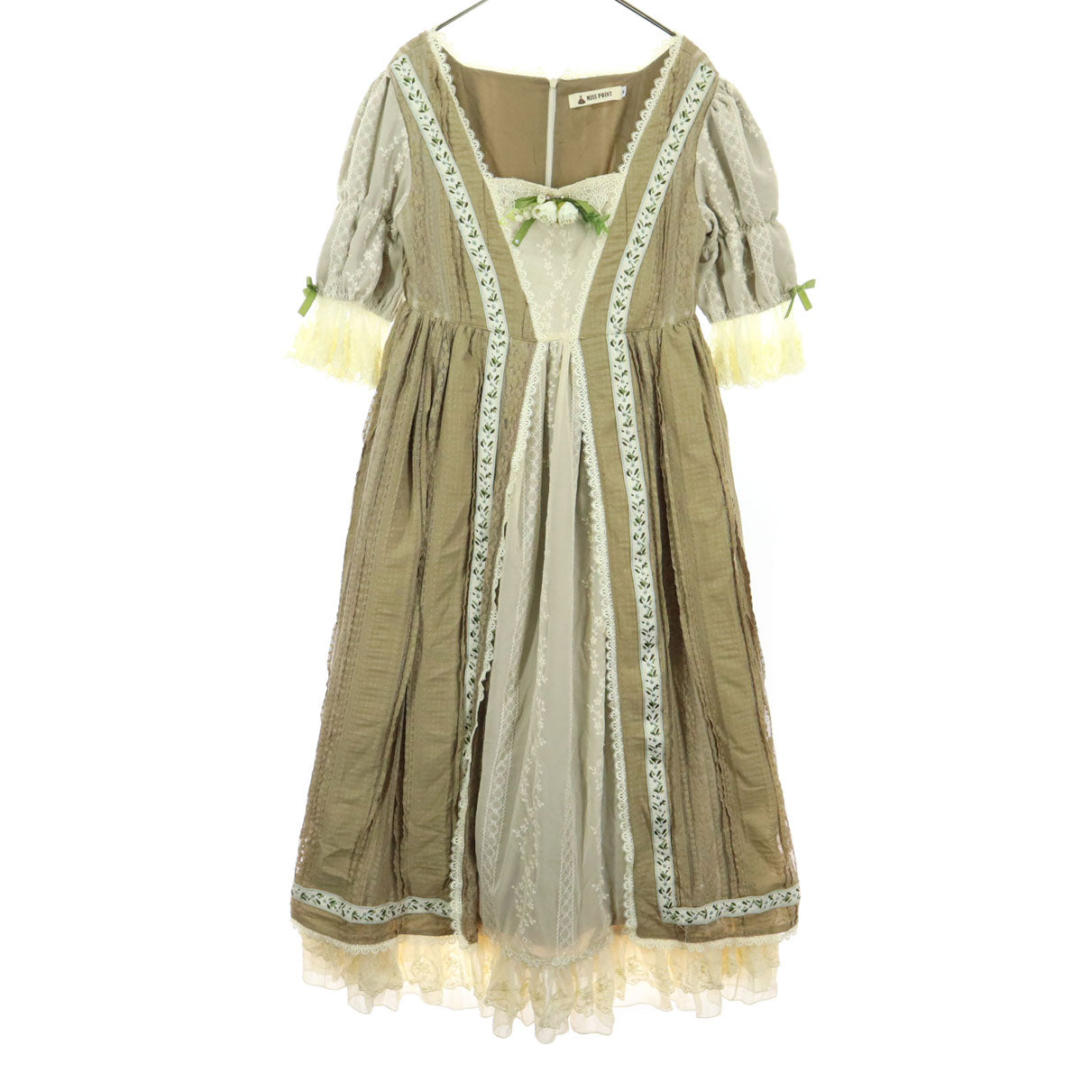 美品 miss point ミスポイント 5分袖 ロングワンピース M ベージュ系 フリル 刺繍 レディース