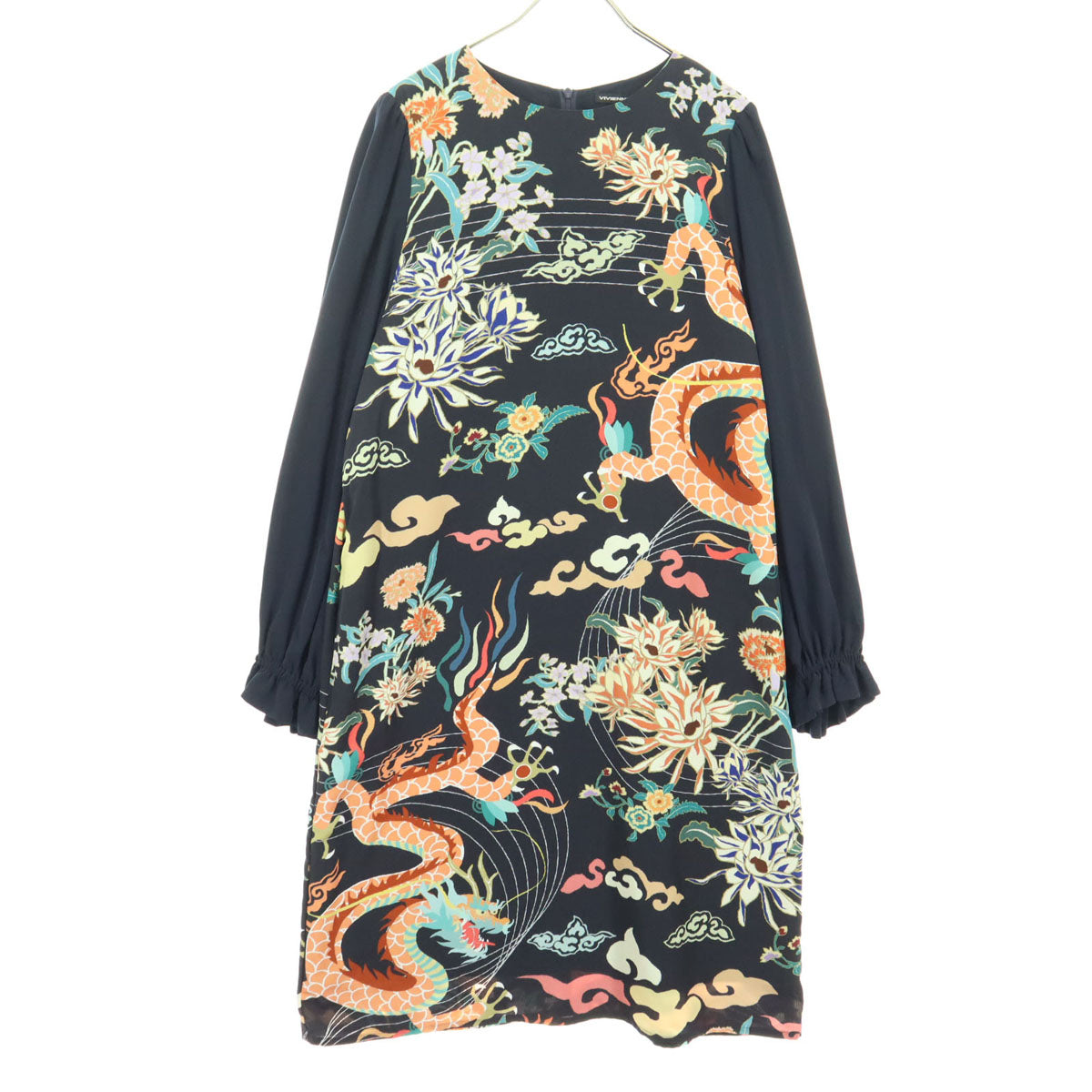 美品 VIVIENNE TAM ヴィヴィアンタム 日本製 総柄 長袖 ミモレ丈 ワンピース 42 ネイビー レディース