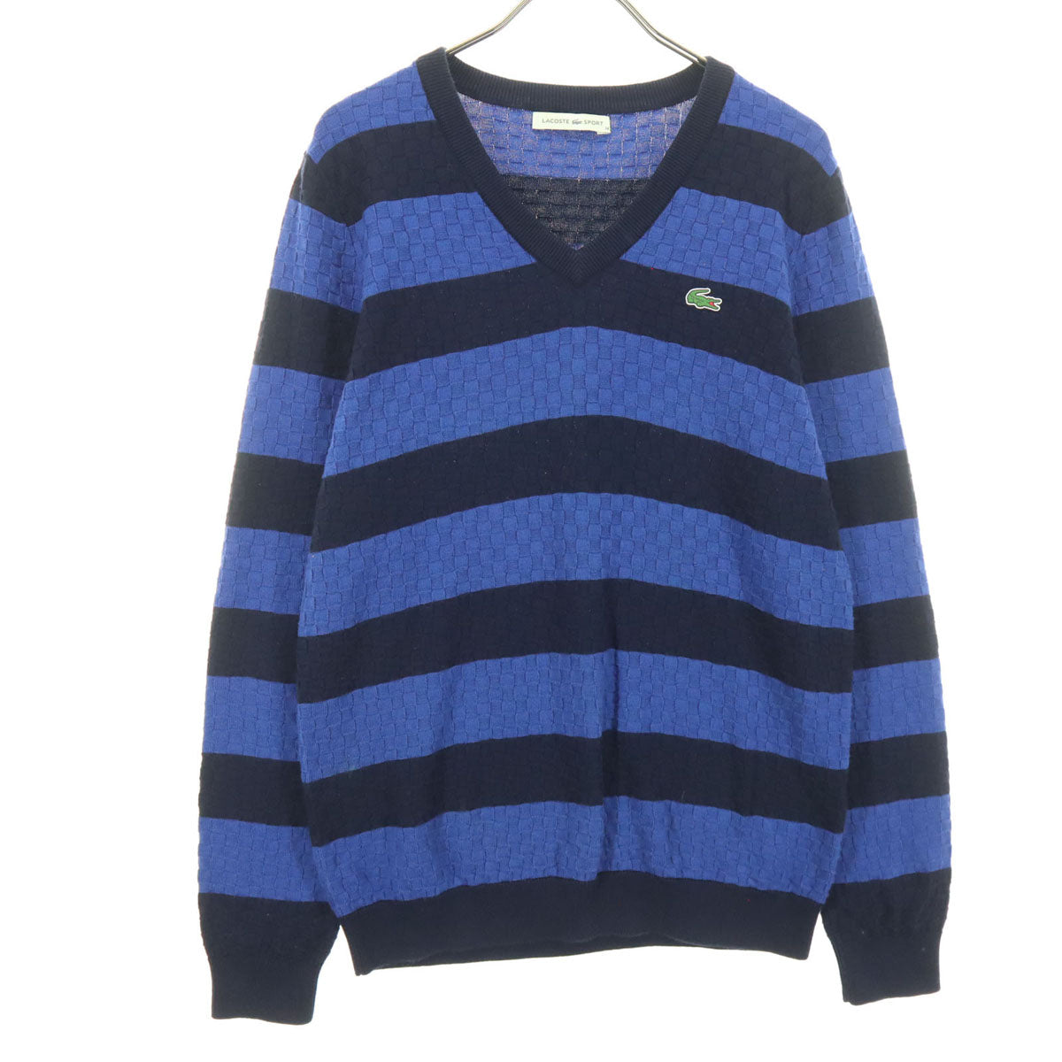 LACOSTE SPORT ラコステスポーツ ワンポイントロゴ ボーダー柄 長袖 Vネック セーター 38 ブルー メンズ