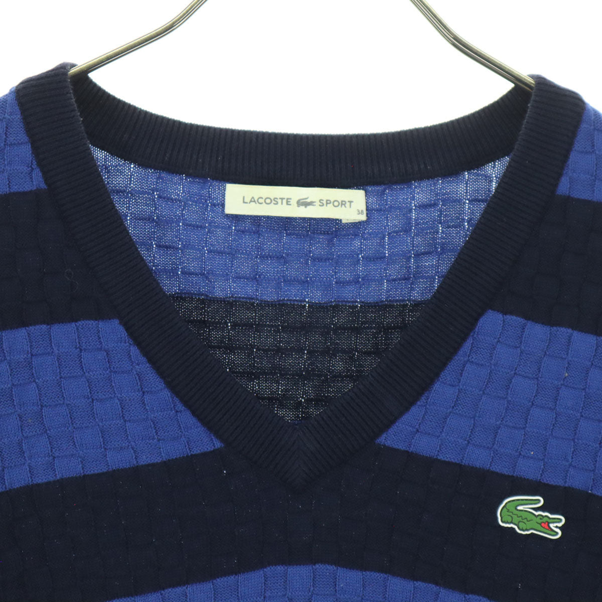 LACOSTE SPORT ラコステスポーツ ワンポイントロゴ ボーダー柄 長袖 Vネック セーター 38 ブルー メンズ