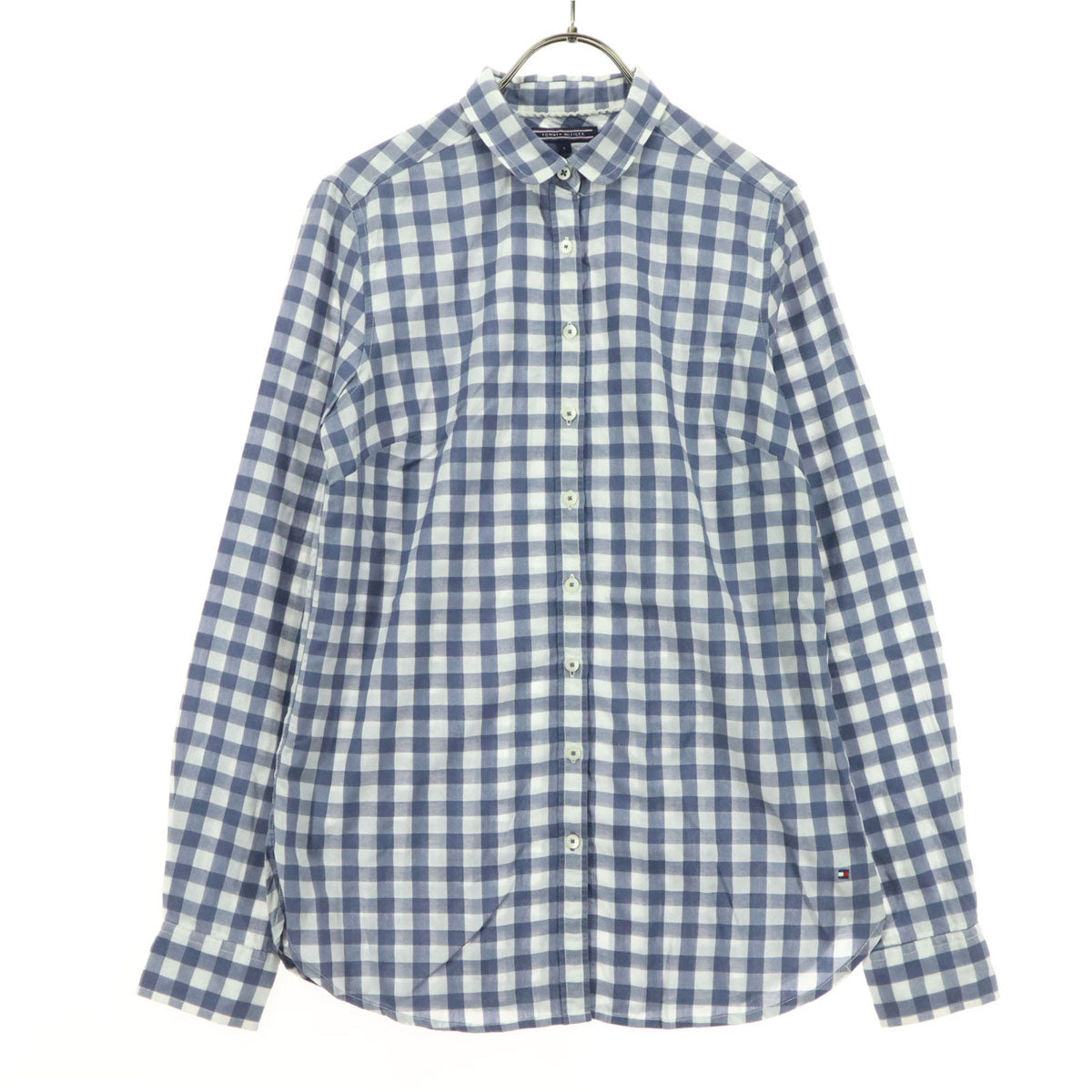 TOMMY HILFIGER トミーヒルフィガー ギンガムチェック柄 長袖 ラウンドカラー シャツ 4 ブルーグレー Regular Fit レディース