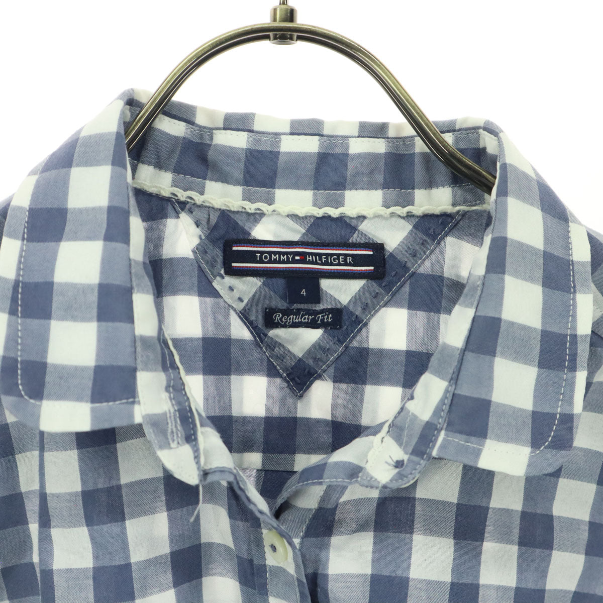 TOMMY HILFIGER トミーヒルフィガー ギンガムチェック柄 長袖 ラウンドカラー シャツ 4 ブルーグレー Regular Fit レディース