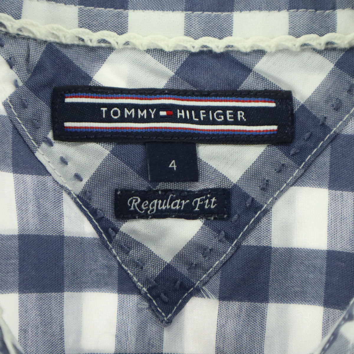 TOMMY HILFIGER トミーヒルフィガー ギンガムチェック柄 長袖 ラウンドカラー シャツ 4 ブルーグレー Regular Fit レディース