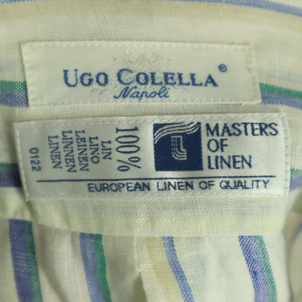UGO COLELLA ウーゴコレッラ ストライプ柄 長袖 ボタンダウン リネンシャツ S アイボリー系 メンズ