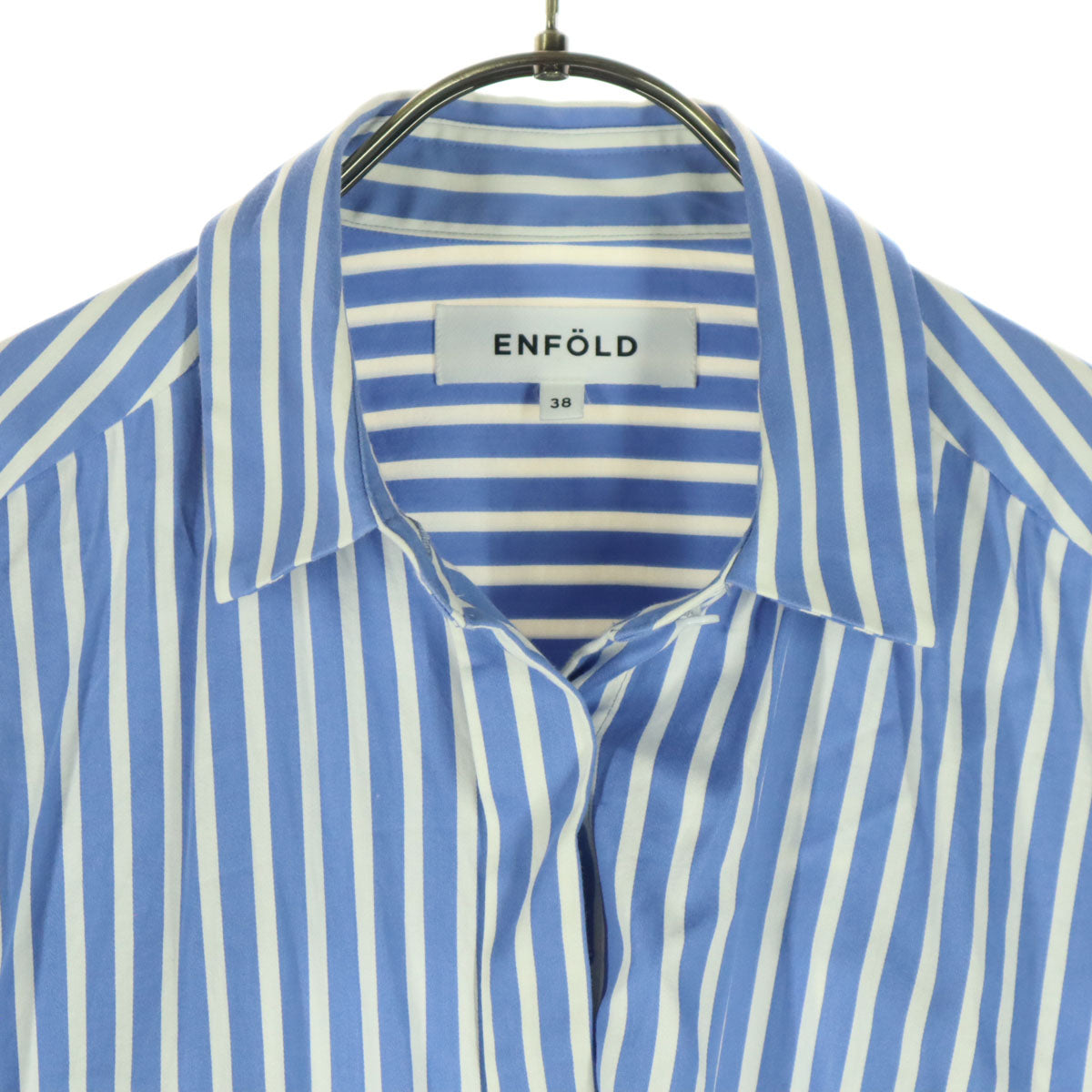 美品 ENFOLD エンフォルド 日本製 ストライプ柄 長袖 コットンシャツ 38 ブルー レディース