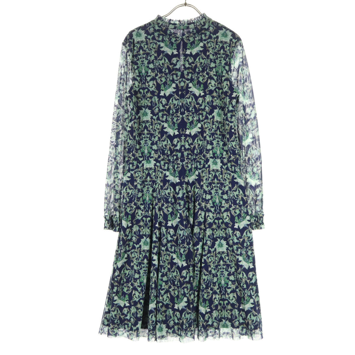 美品 VIVIENNE TAM ヴィヴィアンタム 植物柄 長袖 シアー袖 チャイナボタン フリルカラー 膝丈ワンピース 42 グリーン系 レディース