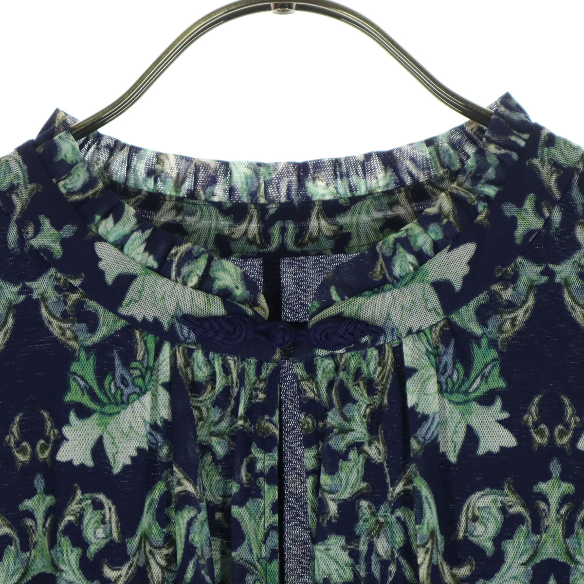美品 VIVIENNE TAM ヴィヴィアンタム 植物柄 長袖 シアー袖 チャイナボタン フリルカラー 膝丈ワンピース 42 グリーン系 レディース