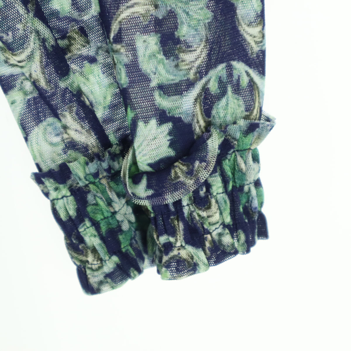 美品 VIVIENNE TAM ヴィヴィアンタム 植物柄 長袖 シアー袖 チャイナボタン フリルカラー 膝丈ワンピース 42 グリーン系 レディース