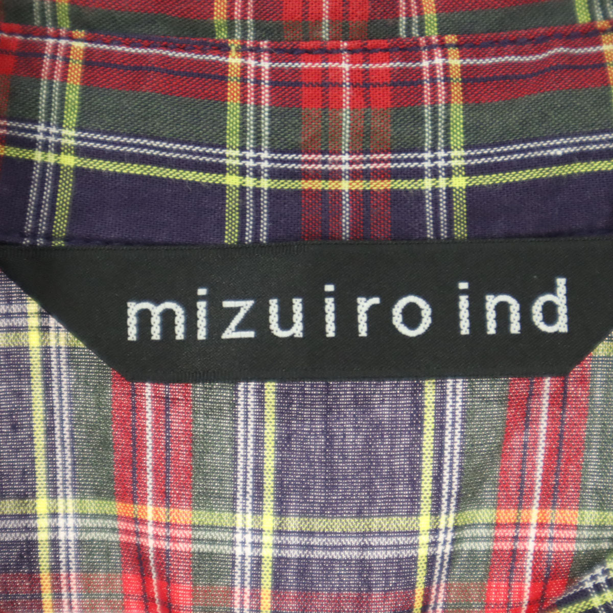 mizuiro ind ミズイロインド 日本製 タータンチェック柄 長袖 ワイド フレア コットンシャツ レッド系 レディース