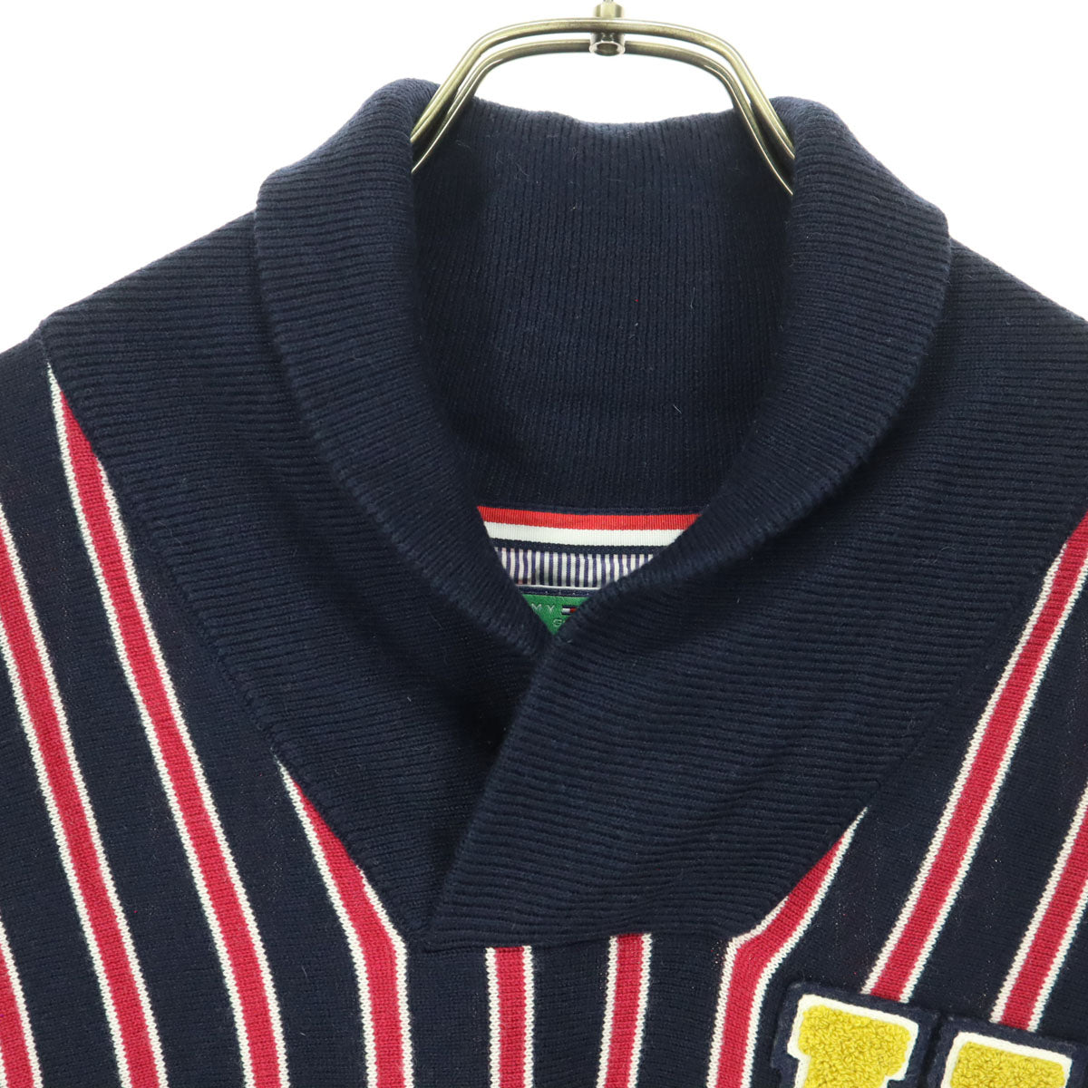 TOMMY HILFIGER トミーヒルフィガー ストライプ柄 ノースリーブ ショールカラー ニットベスト L ネイビー メンズ