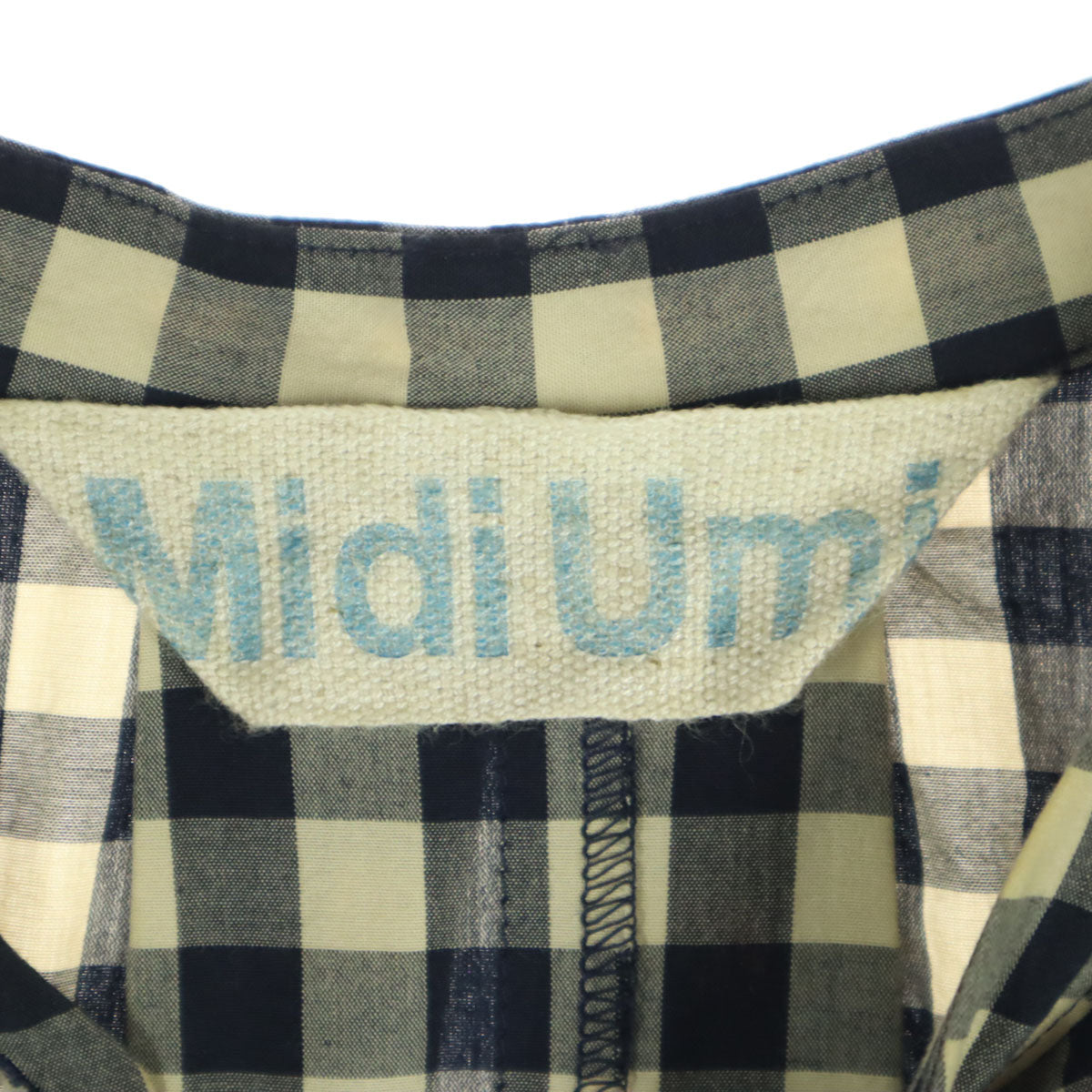 美品 MidiUmi ミディウミ チェック柄 長袖 ノーカラー シャツワンピース ネイビー系 レディース