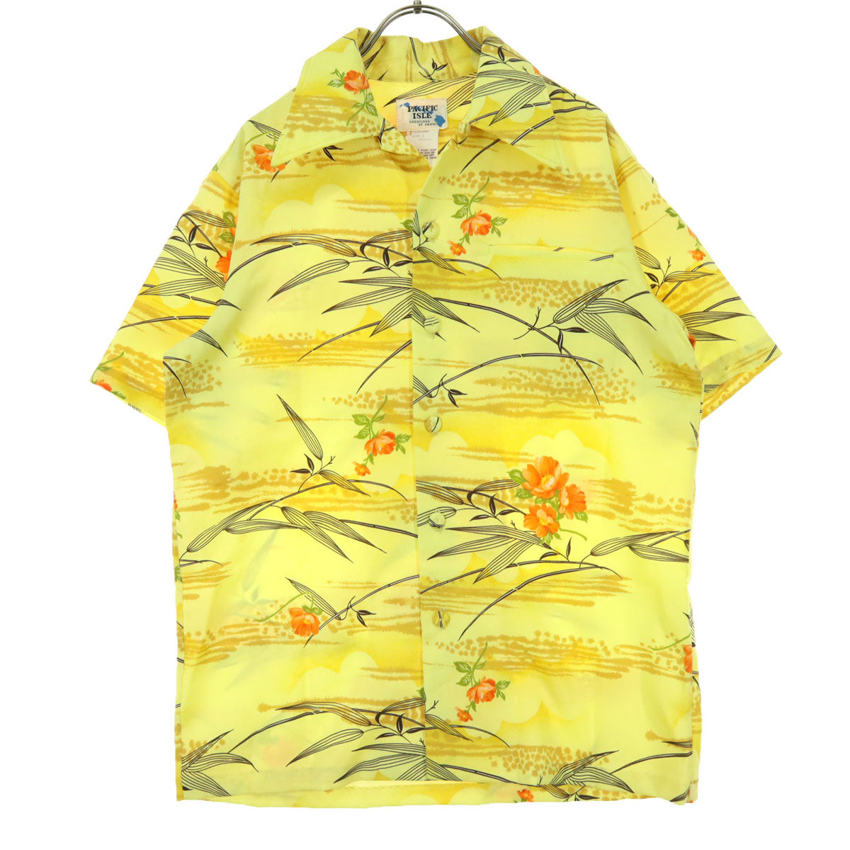 美品 PACIFIC ISLE パシフィックアイル 70s ヴィンテージ デカ襟 総柄 ハイビスカス 半袖 アロハシャツ S イエロー メンズ