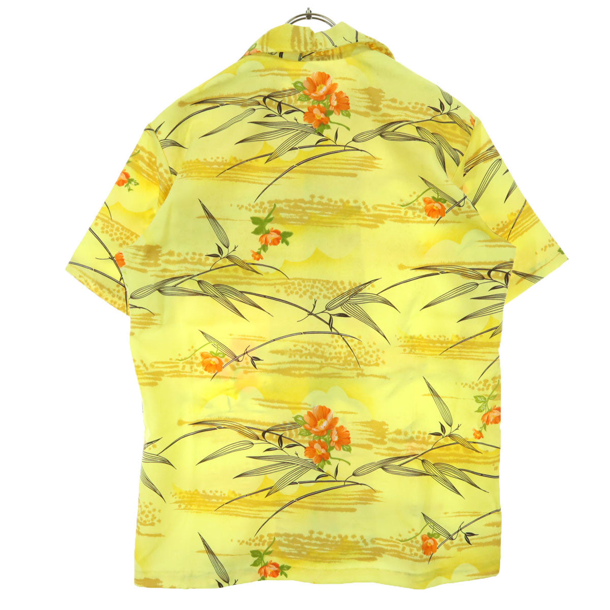 美品 PACIFIC ISLE パシフィックアイル 70s ヴィンテージ デカ襟 総柄 ハイビスカス 半袖 アロハシャツ S イエロー メンズ