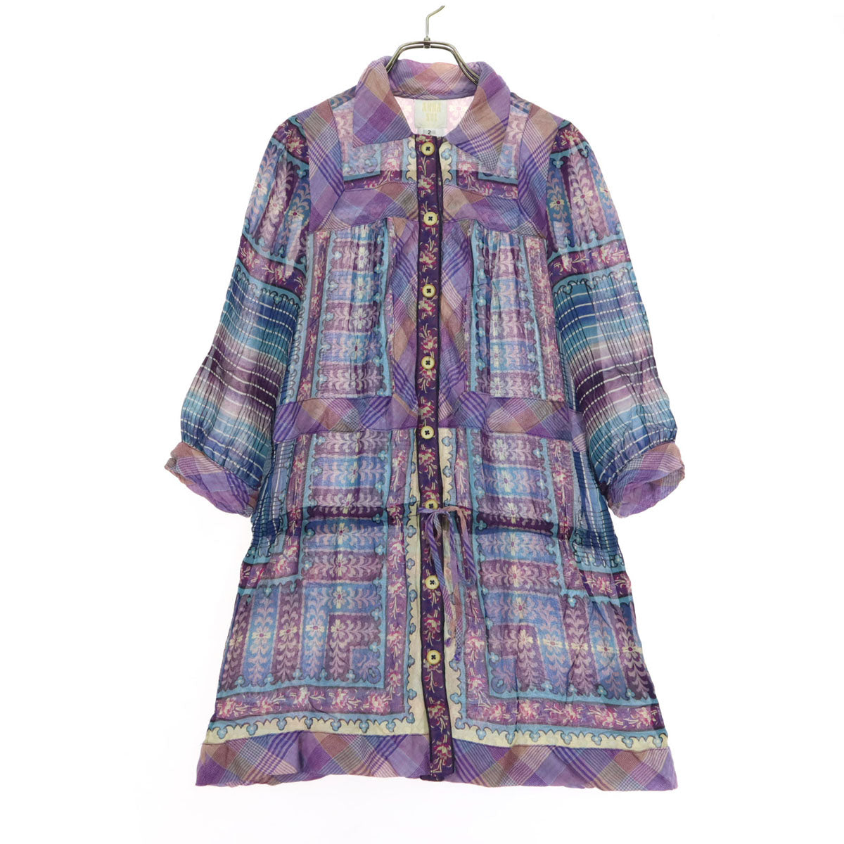 ANNA SUI アナスイ アメリカ製 花柄 7分袖 ブラウス 2 パープル アジアン・オリエンタル レディース