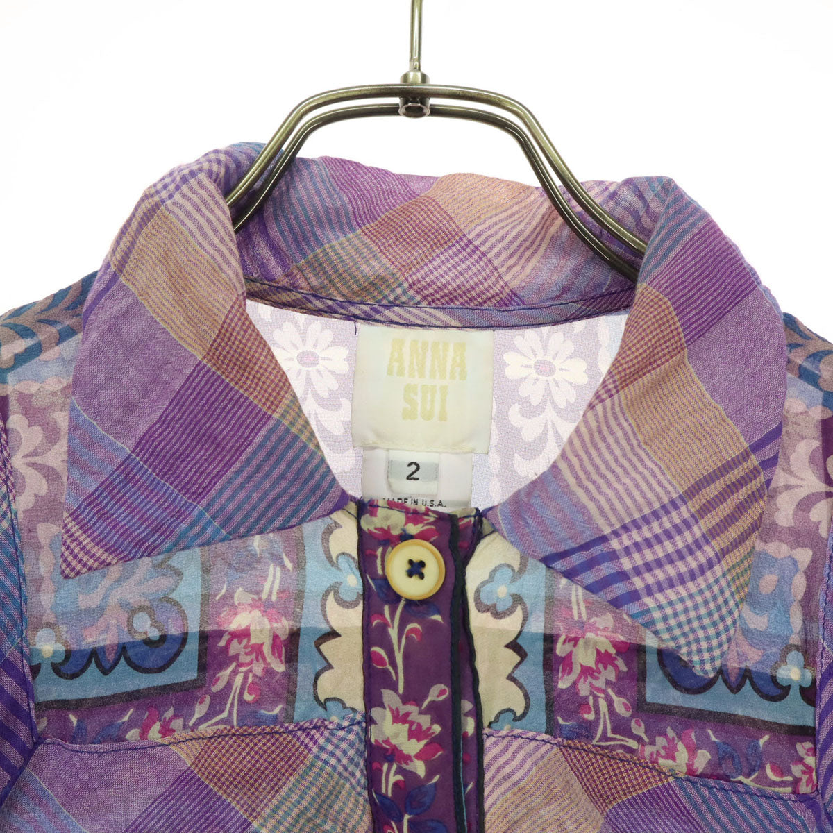 ANNA SUI アナスイ アメリカ製 花柄 7分袖 ブラウス 2 パープル アジアン・オリエンタル レディース