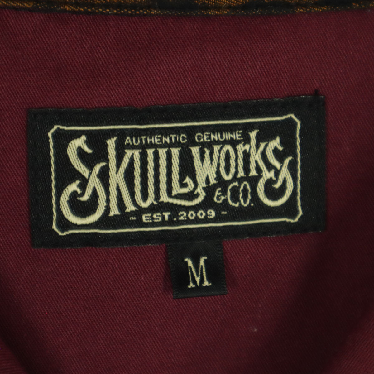 美品 SKULL WORKS スカルワークス 刺繍 半袖 ボーリングシャツ オープンカラーシャツ M ワインレッド メンズ