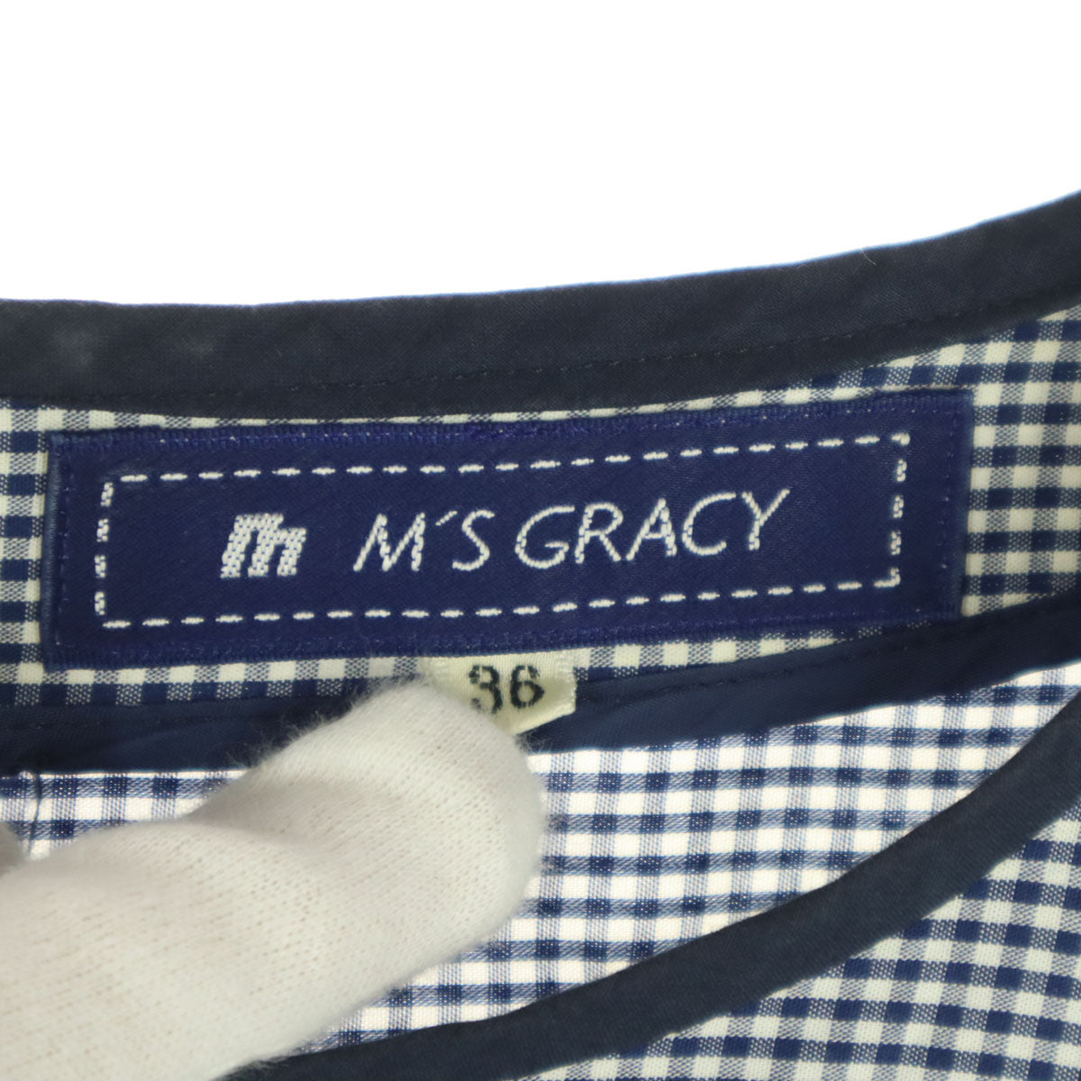 M'S GRACY エムズグレイシー ギンガムチェック フレンチスリーブ ドット刺_ ワンピース S ネイビー レディース