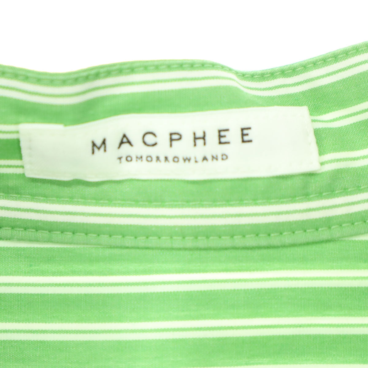 美品 MACPHEE TOMORROWLAND マカフィートゥモロー 22ss 日本製 ストライプ柄 7分袖 Vネック裾フリル ワンピース S グリーン レディース