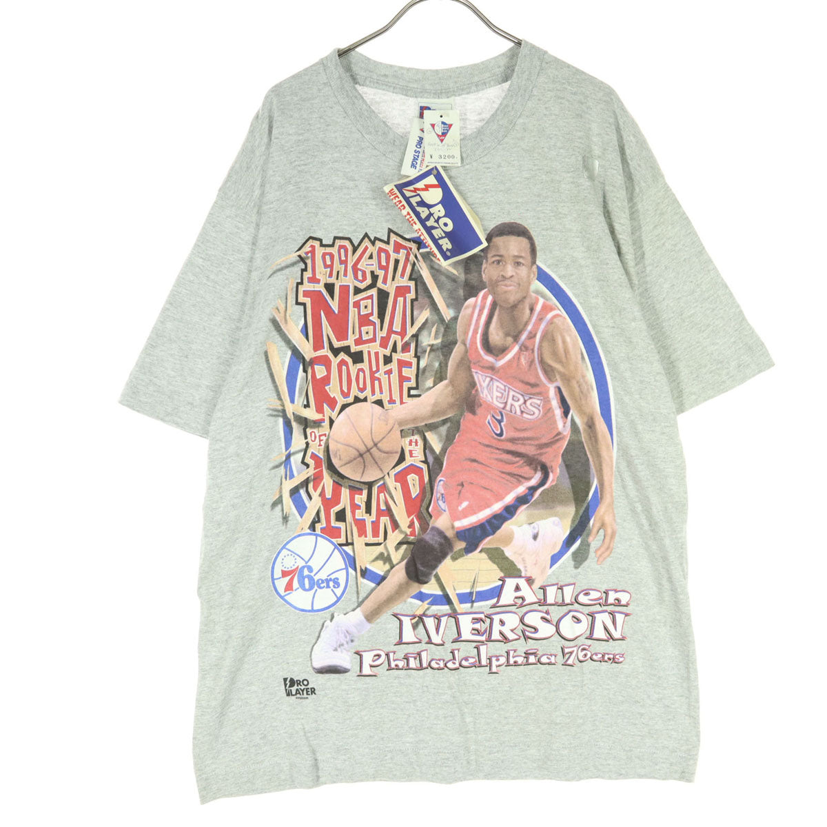 PRO STAGE ワールドスポーツプラザ プロステージ 90s USA製 オールド バスケプリント 半袖 アレン・アイバーソン Tシャツ L ライトグレー デッドストック シングルステッチ メンズ