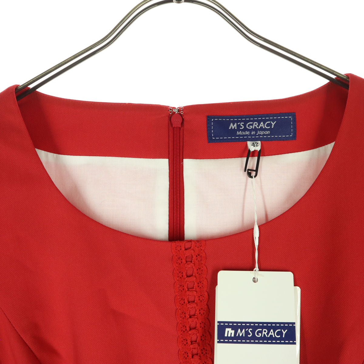 未使用 M'S GRACY エムズグレイシィ 半袖 ボートネック バックジップ 膝丈ワンピース 42 レッド レディース