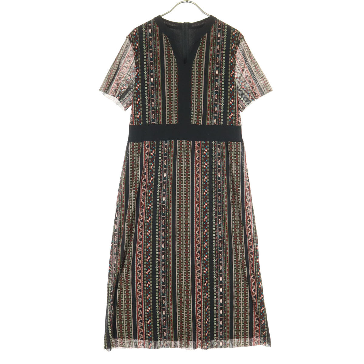 美品 VIVIENNE TAM ヴィヴィアンタム 日本製 エスニック総柄 半袖 スリットハイネック ロングワンピース 44 ブラック系 レディース