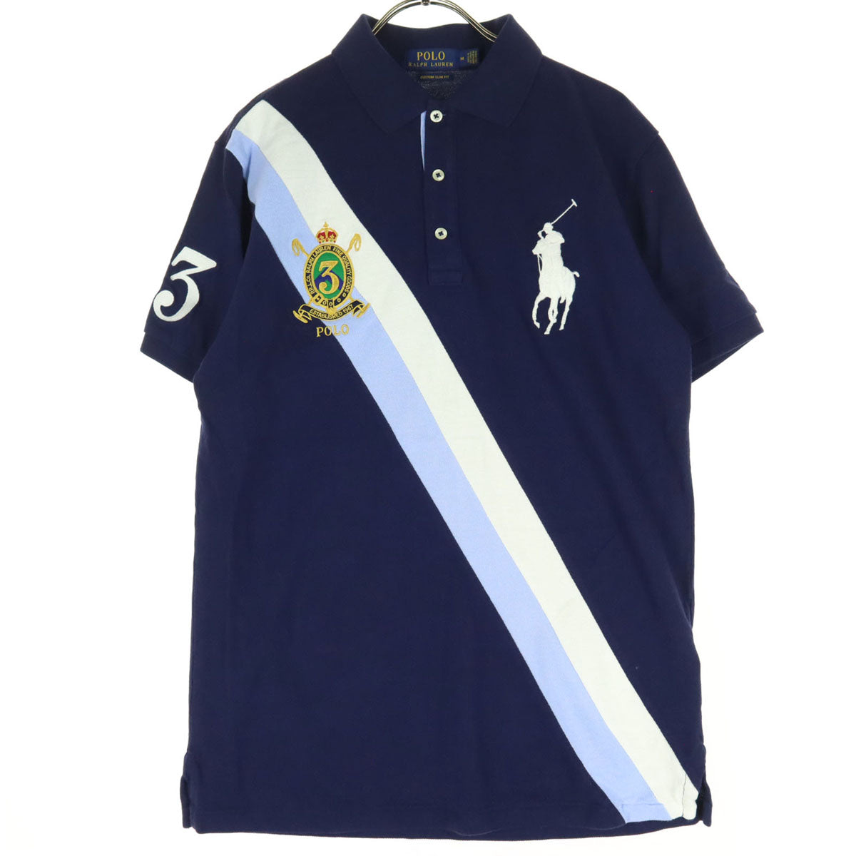 美品 POLO ポロ ビッグポニー ワッペン 半袖 ポロシャツ M ネイビー ラルフローレン CUSTOM FIT メンズ