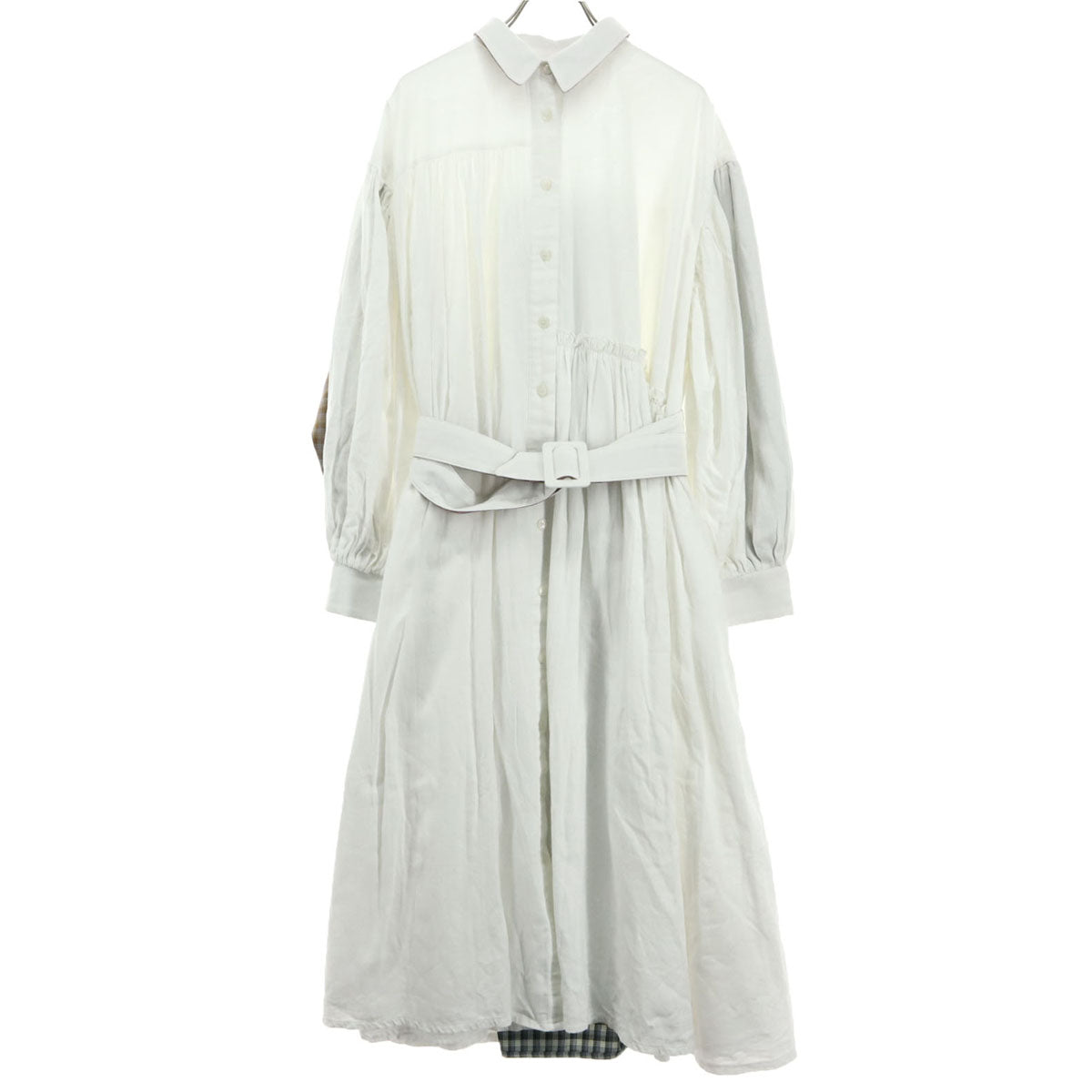 美品 RRR TOKYO アールトウキョウ チェック柄 長袖 シャツワンピース アイボリー ロング丈 ベルト付き レディース