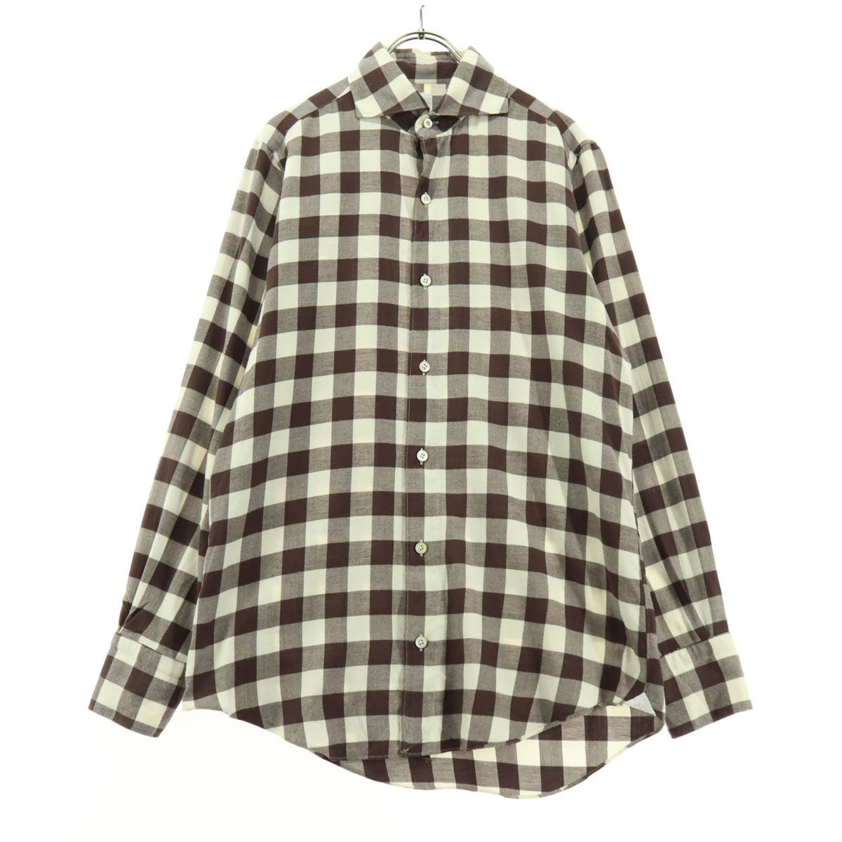 美品 Finamore フィナモレ イタリア製 チェック柄 長袖 シャツ ブラウン メンズ