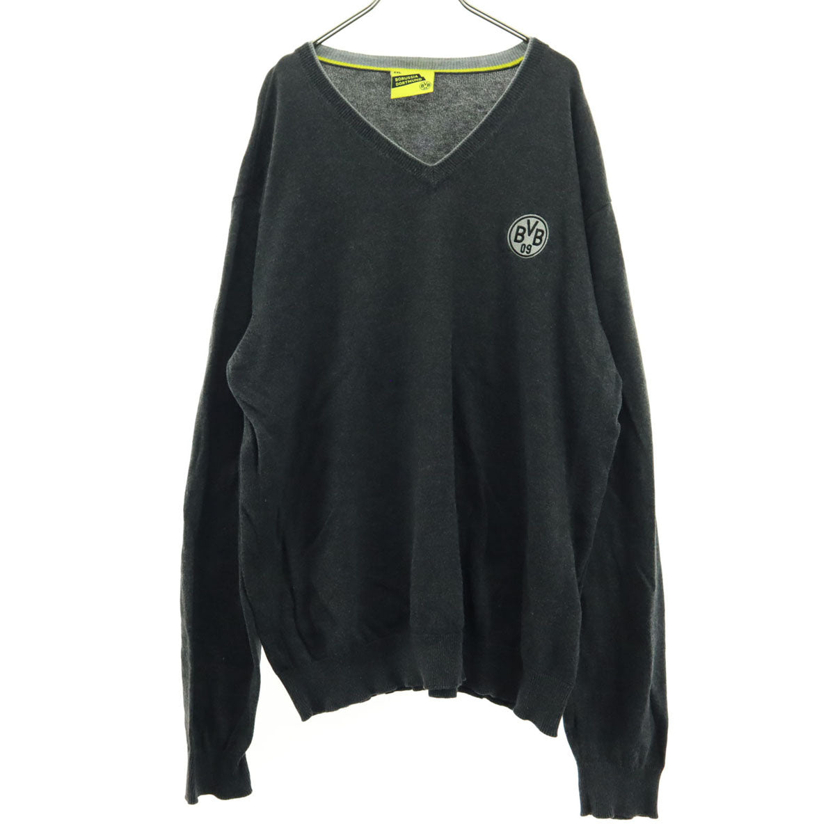 BORUSSIA DORTMUND ボルシアドルトムント エルボーパッチ ワンポイント刺繍 サッカー 長袖 Vネック ニット XXL グレー系 メンズ