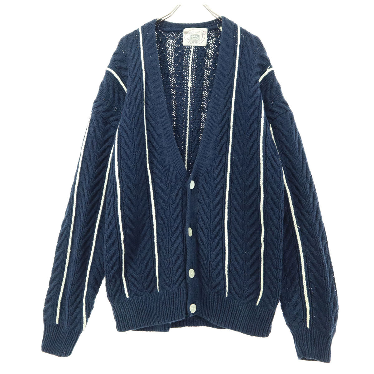 JOHN ASHFORD SPORT ジョンアッシュフォードスポーツ 90s オールド ストライプ柄 長袖 アラン ニットカーディガン L ネイビー メンズ
