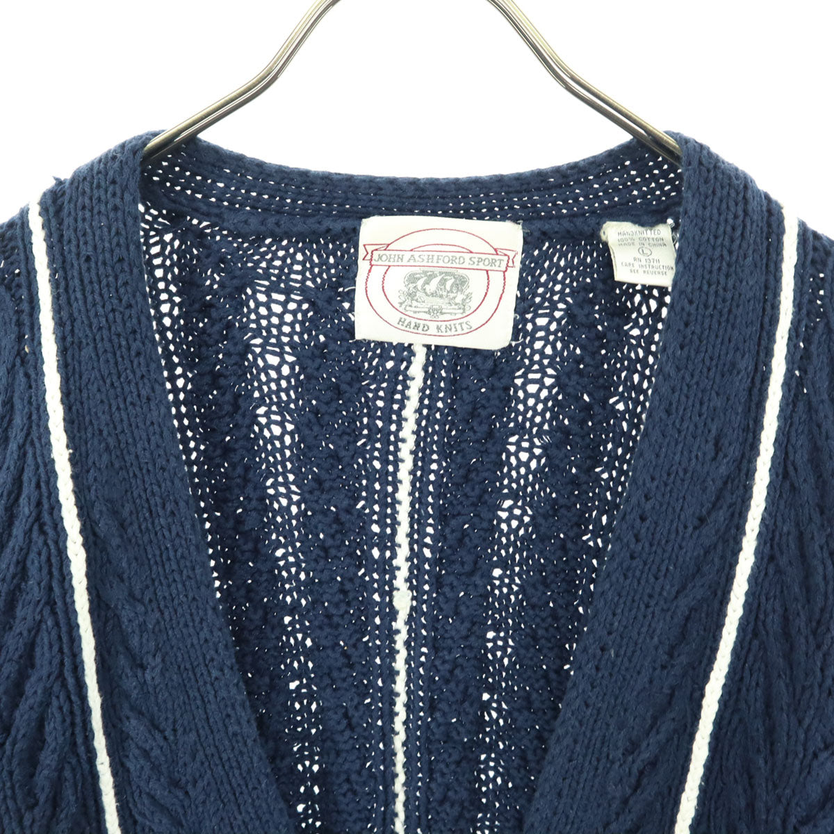 JOHN ASHFORD SPORT ジョンアッシュフォードスポーツ 90s オールド ストライプ柄 長袖 アラン ニットカーディガン L ネイビー メンズ