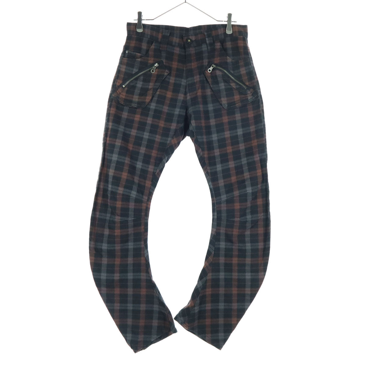 美品 PPFM ピーピーエフエム チェック柄 立体裁断 コットンパンツ ブラウン メンズ