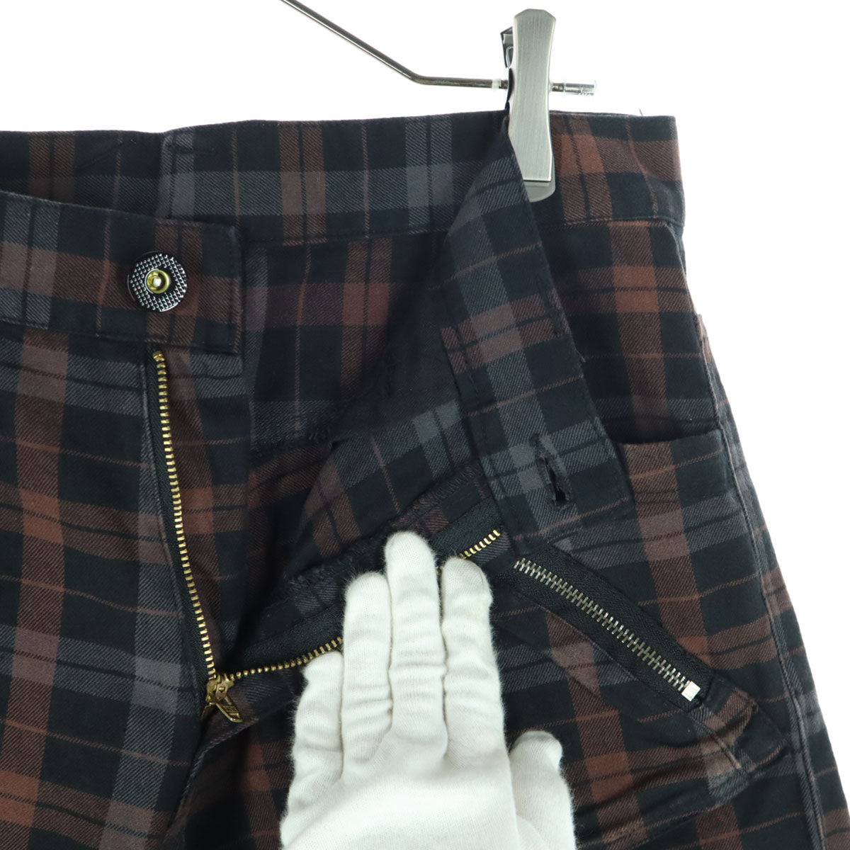 美品 PPFM ピーピーエフエム チェック柄 立体裁断 コットンパンツ ブラウン メンズ