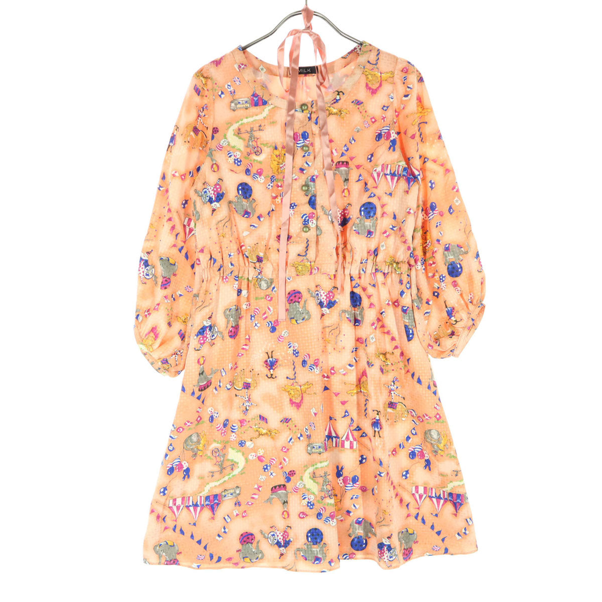 美品 MILK ミルク 日本製 サーカス柄 7分袖 膝丈ワンピース オレンジ リボン付 レディース