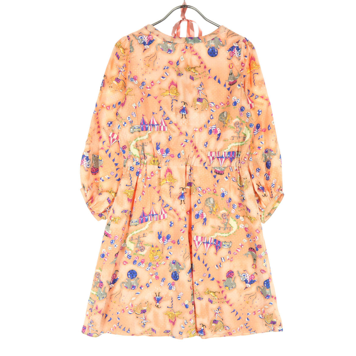 美品 MILK ミルク 日本製 サーカス柄 7分袖 膝丈ワンピース オレンジ リボン付 レディース