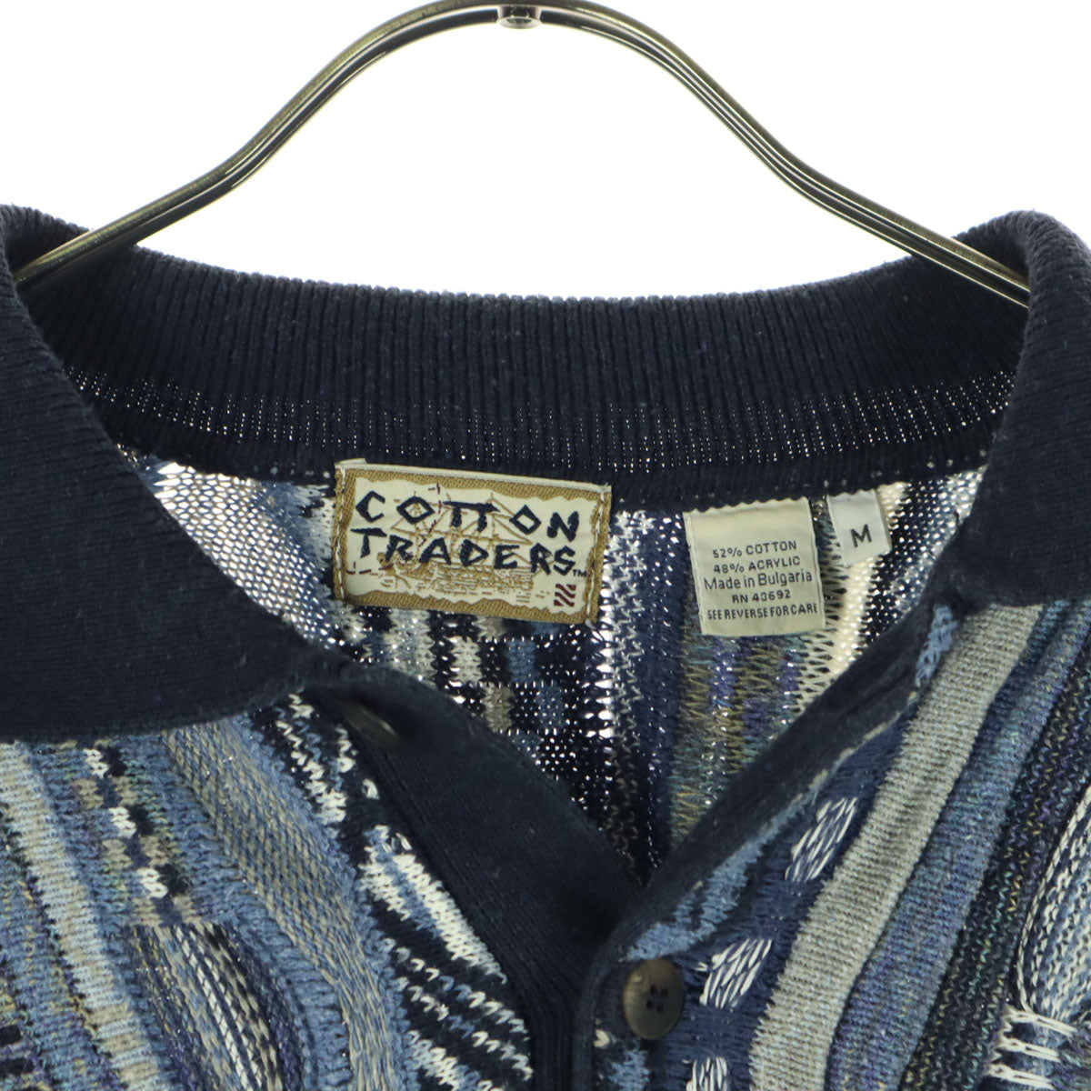 COTTON TRADERS コットントレーダース 90s オールド 総柄 長袖 ニット ポロシャツ M ブルー系 3Dニット メンズ