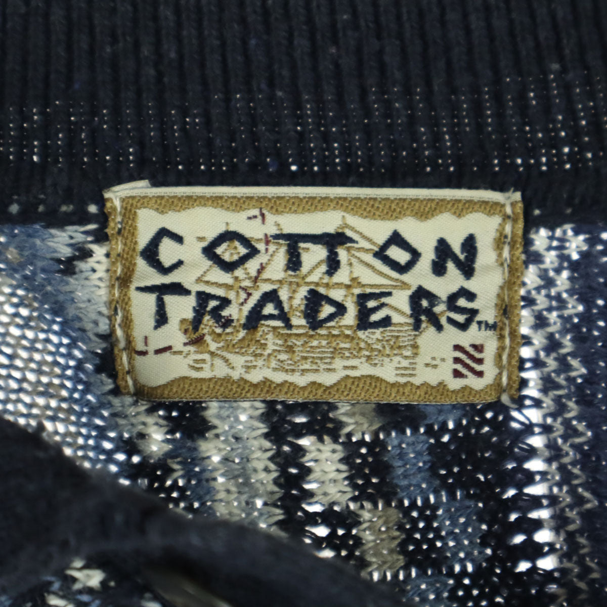 COTTON TRADERS コットントレーダース 90s オールド 総柄 長袖 ニット ポロシャツ M ブルー系 3Dニット メンズ