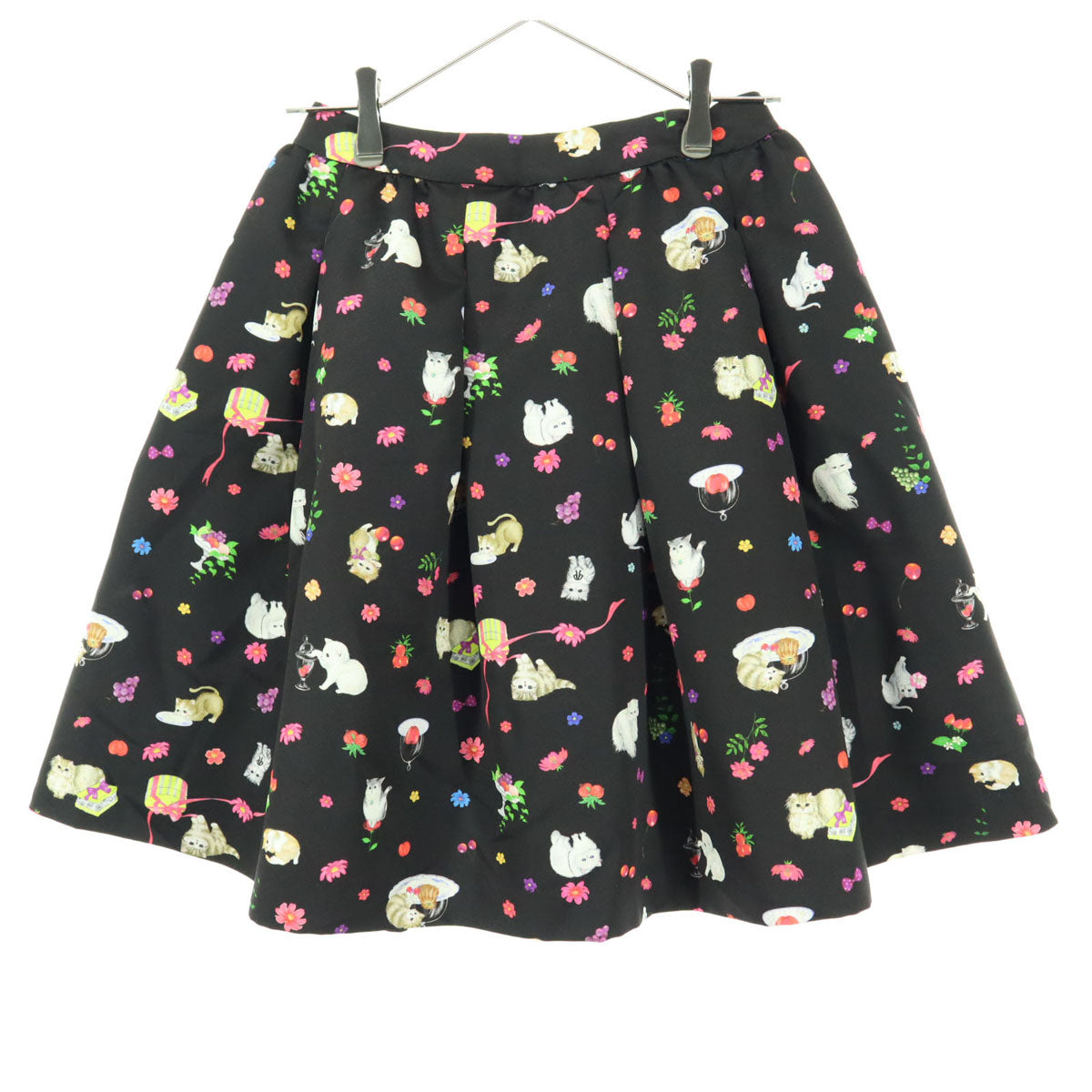 美品 Franche lippee フランシュリッペ 日本製 アニマル柄 ミニ丈 フレアスカート M ブラック 猫 レディース