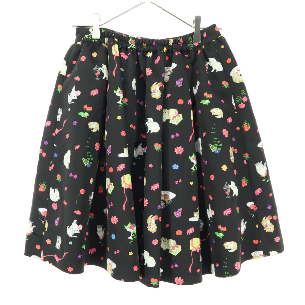 美品 Franche lippee フランシュリッペ 日本製 アニマル柄 ミニ丈 フレアスカート M ブラック 猫 レディース