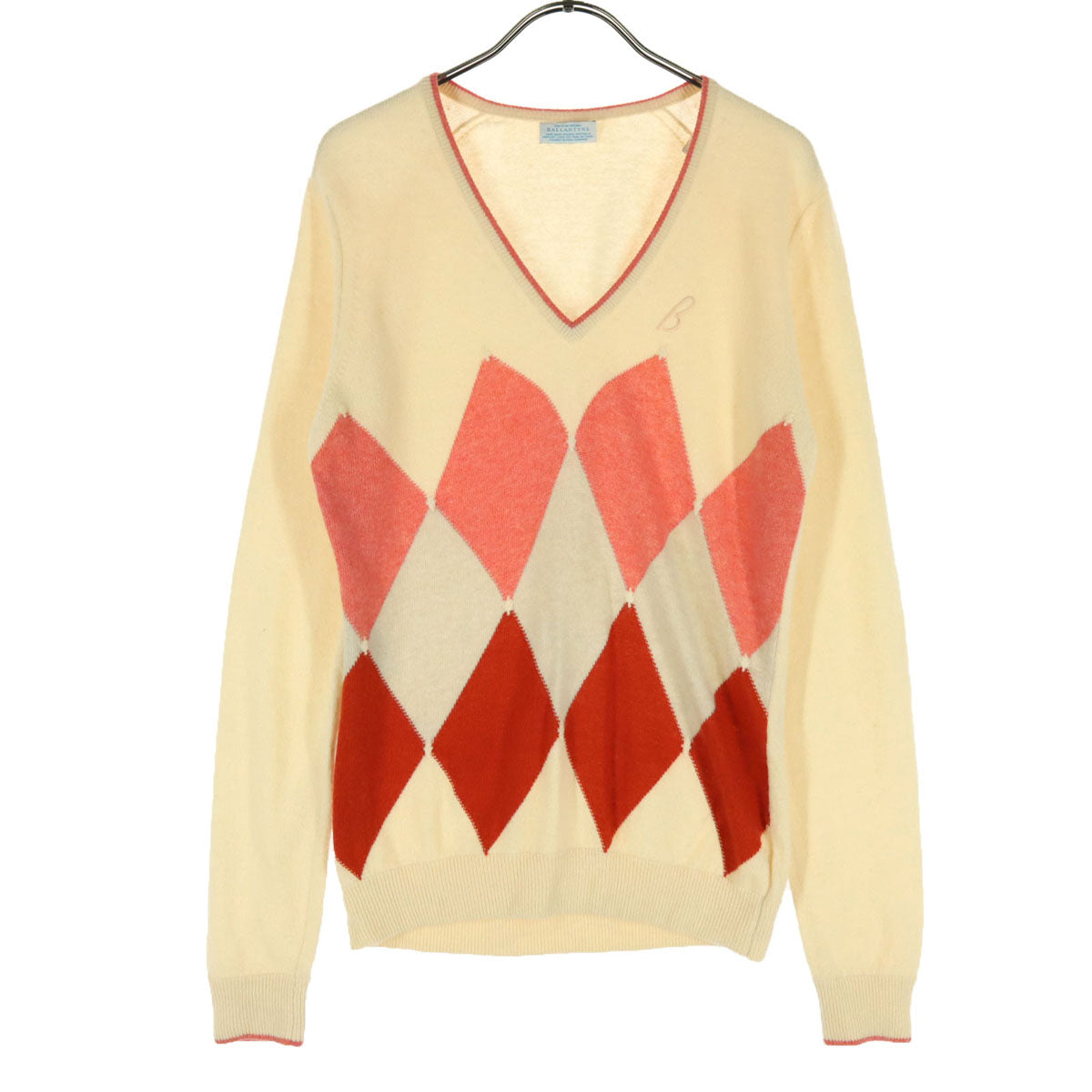 BALLANTYNE バランタイン イギリス製 ダイヤ柄 長袖 Vネック カシミヤ セーター 40 ベージュ系 レディース