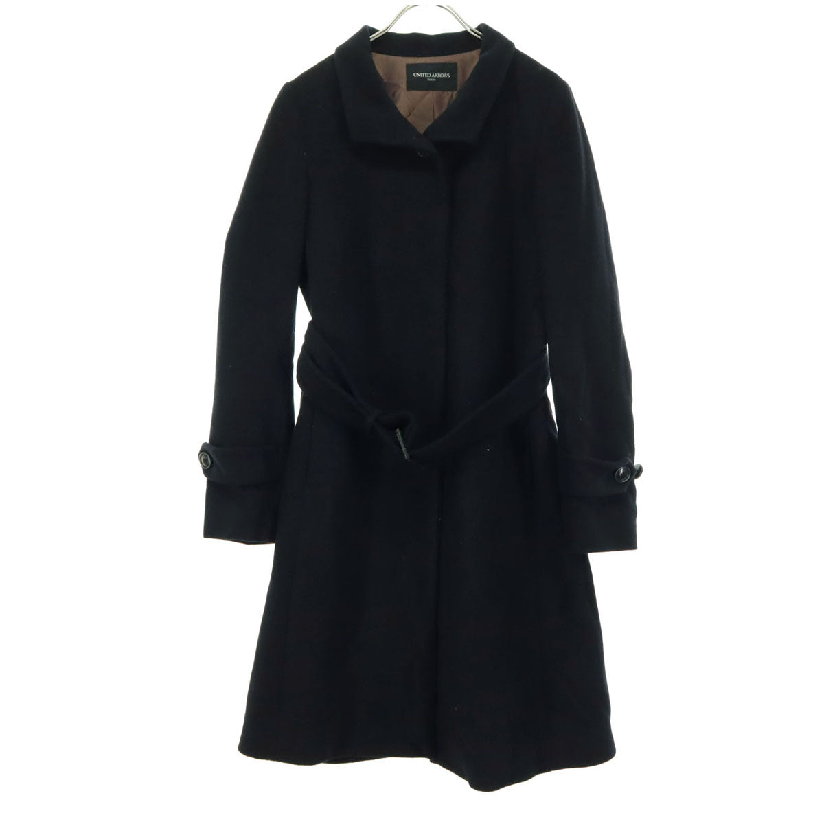 美品 UNITED ARROWS TOKYO ユナイテッドアローズ 東京 日本製 ベルテッド ウールコート 38 ブラック レディース