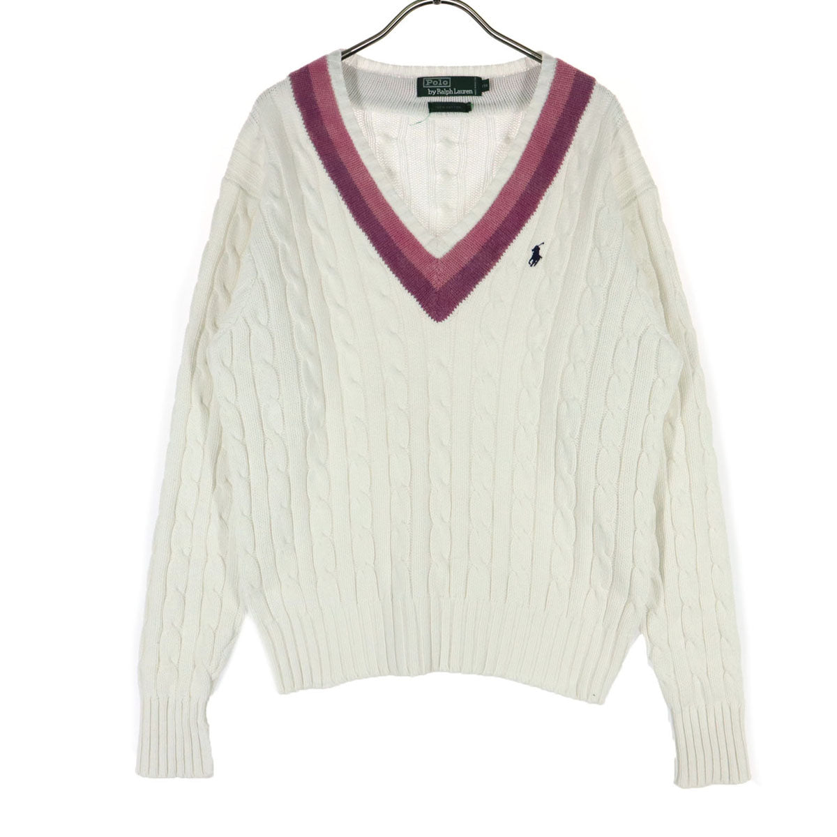 美品 Polo by Ralph Lauren ポロバイラルフローレン 90s オールド フィッシャーマン 長袖 Vネック ケーブル編み コットン ニット 170 ホワイト レディース