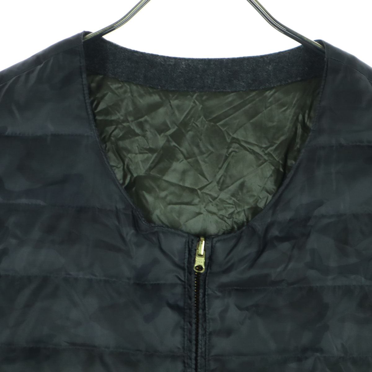 nano universe ナノユニバース リバーシブル 迷彩柄 長袖 西川ダウン ライトダウンジャケット 36 ブラック カーキグリーン レディース