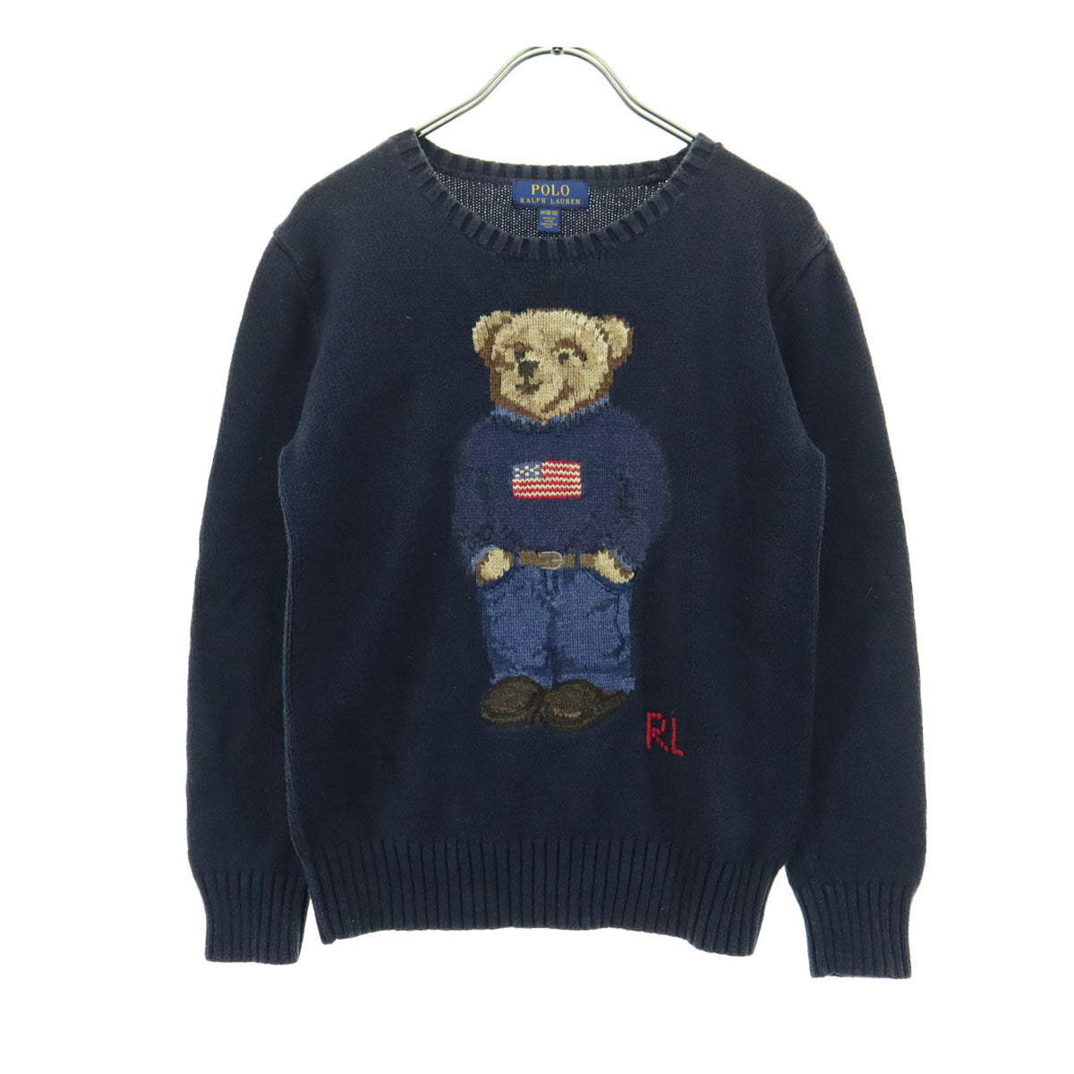 POLO RALPH LAUREN ポロラルフローレン ポロベアー アニマル柄 長袖 ニット M ネイビー POLO BEAR キッズ