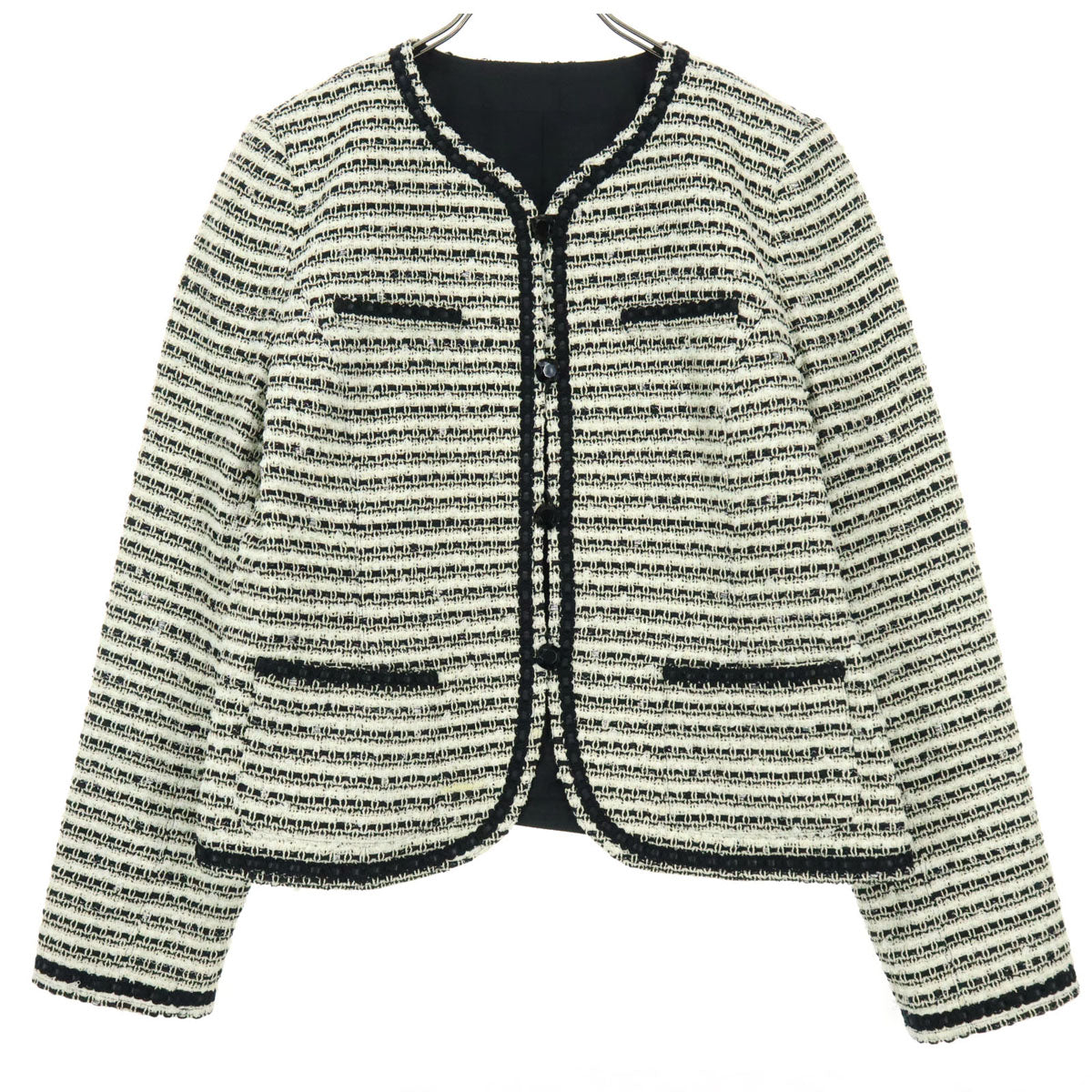 Leilian レリアン 日本製 総柄 長袖 ノーカラー ツイードジャケット 9 アイボリー系 レディース