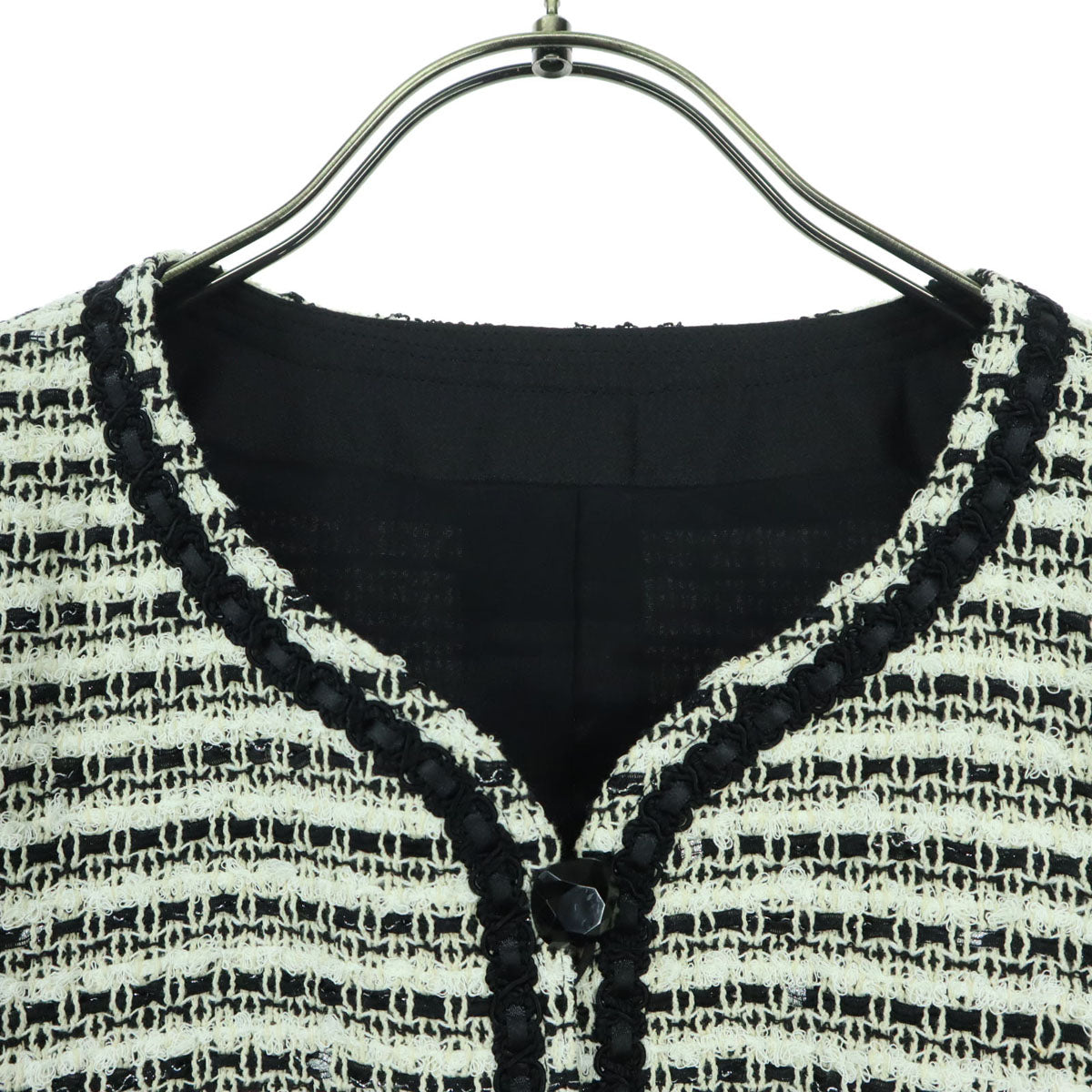 Leilian レリアン 日本製 総柄 長袖 ノーカラー ツイードジャケット 9 アイボリー系 レディース