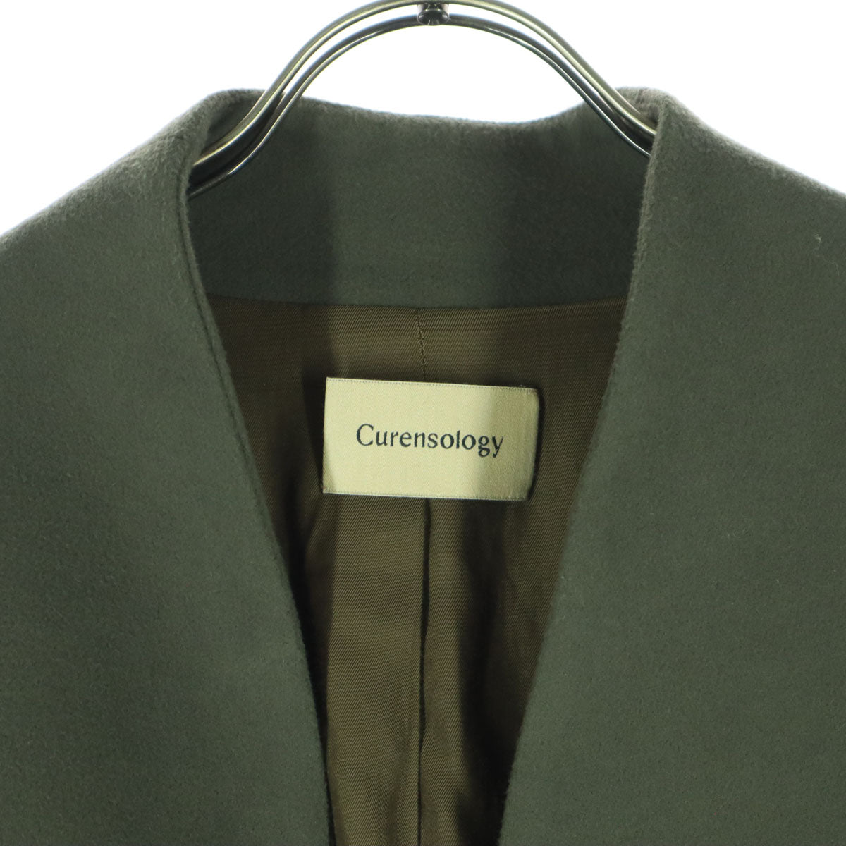 美品 Curensology カレンソロジー 長袖 ベルト付き ノーカラー ガウンコート F カーキ レディース
